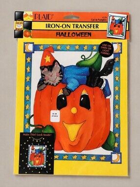 Vintage 1994 Plaid Halloween Iron On Transfer Cat Pumpkin #57776 NOS 90s